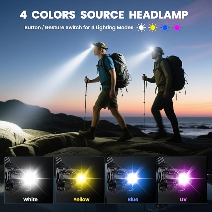 YNYS Rechargeable Headlamp with 4 Colors (White/Yellow/Blue/UV),Super Bright Headlights with Motion Sensor, 90° Adjustable, Zoomable, IPX7 Waterproof Led Head lamp for Fishing Hunting Camping Hiking