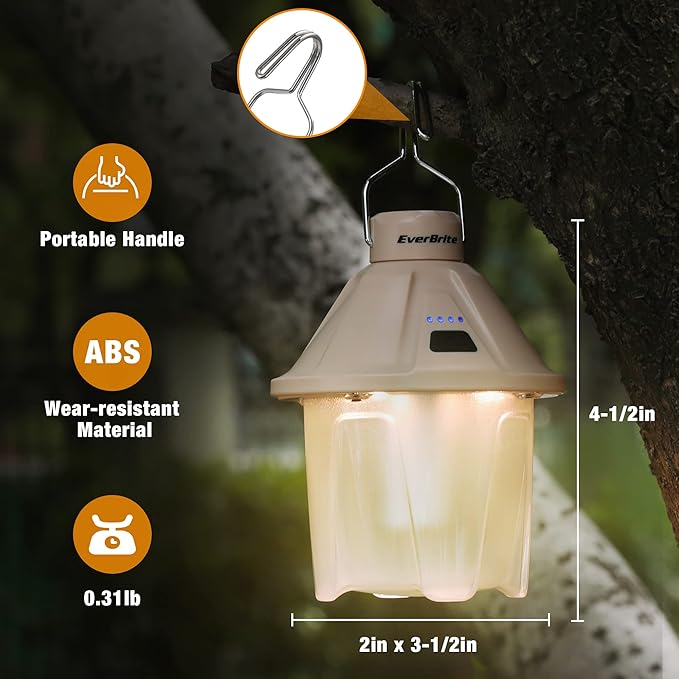 EverBrite 450LM Camping Lantern, USB C Rechargeable Camping Lantern with Magnetic Top&Hanging Hook, 5 Lighting Modes, for Christmas Decorations, Camping, Barbecue, Hiking and Reading, Pack of 2