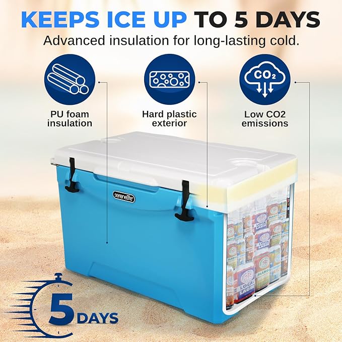 SereneLife Ultra-Tough 25-75 Quart Rotomolded Cooler Box, Holds Upto 64 Cans, Keeps Ice Up to 5 Days, Heavy-Duty Insulated Portable Ice Chest Box, Ideal for Camping, Beach, Picnics, Tailgating, etc