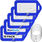 BlueCosto - Luggage Tags - Blue, 10 Pack - Suitcase Tags with Name ID Card & Heavy-Duty Metal Wire Loops - Bright Colored PVC Identifiers for Travel Baggage - Backpack Name Labels