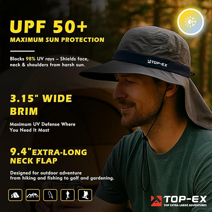 TOP-EX Cooling Sun Hat with Neck Flap – UPF 50+ Wide Brim Breathable Hat for Hiking, Fishing & Big Heads