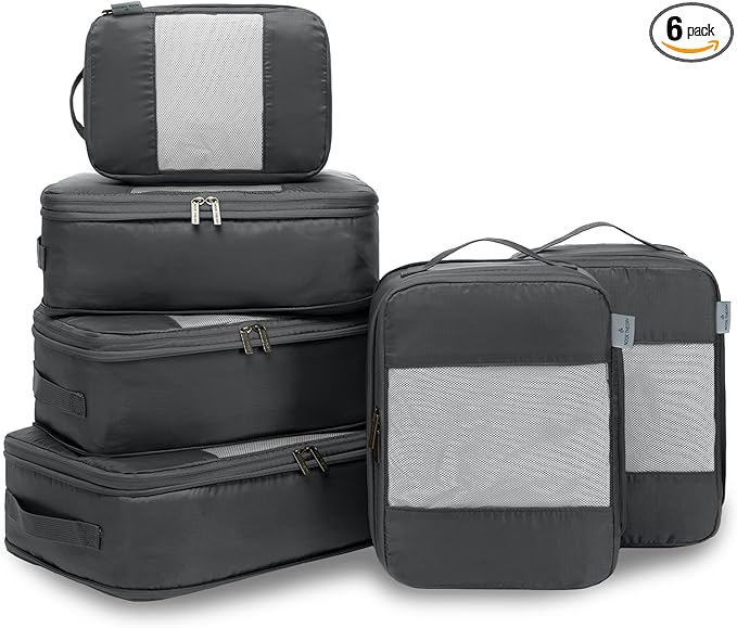 6-Pack Compression Packing Cubes Travel Essentials - Lightweight, Water-Resistant Luggage Organizer Bags with Handles, Durable Travel Accessories Suitcase Organizer (Charcoal)