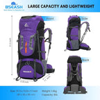Bseash 80L Waterproof Hiking Camping Backpack with Rain Cover, Lightweight Outdoor Sport Travel Daypack for Climbing Touring (Purple)