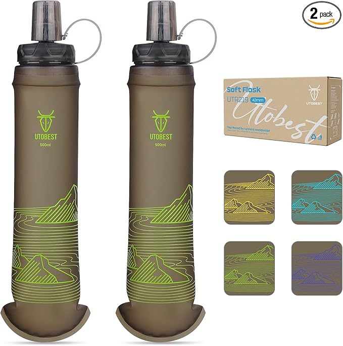 UTOBEST 500ml Soft Flask, 2 Pack Flexible TPU Hydration Water Bottle, Collapsible with 42mm Caliber for Running, Hiking, Cycling, Climbing, and Marathon Green