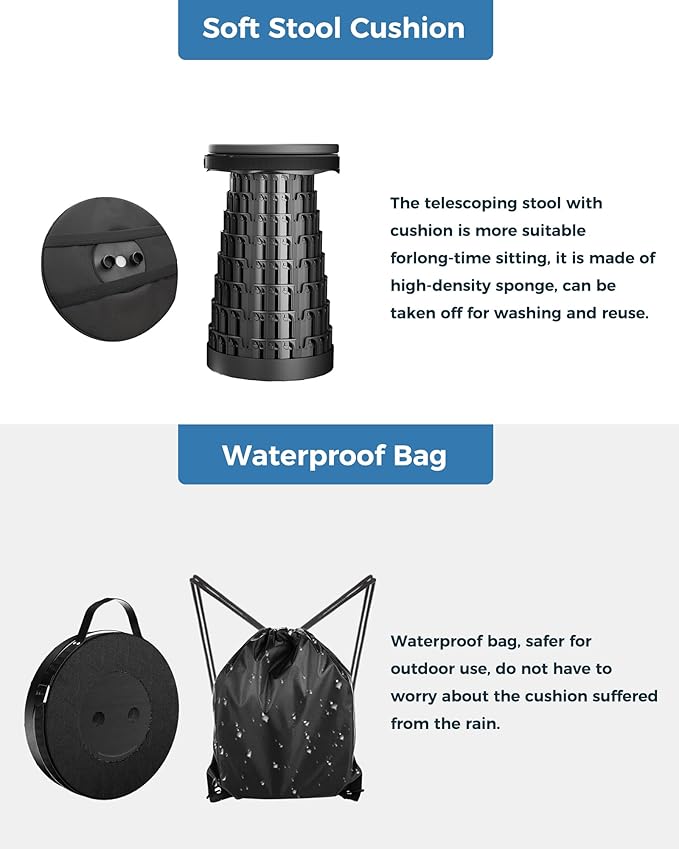 Upgraded Collapsible Stool with Removable Cushion & Waterproof Carry Bag - Portable Folding Stool for Adults, Camping, Fishing, Hiking - Lightweight Yet Sturdy Max 400lbs