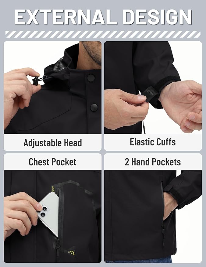 TACVASEN Men's Rain Jacket Lightweight Windbreaker with Hooded Water Resistant Outdoor Raincoat for Hiking Travel Camping