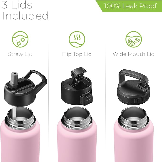 SipX™ Triple-Insulated Stainless Steel Water Bottle 40oz. With 3 Lids, BPA-Free Reusable Insulated Water Bottle Keeps Cold 24 Hours, Metal Water Bottle Made Of Sustainable Material For Hiking & Biking