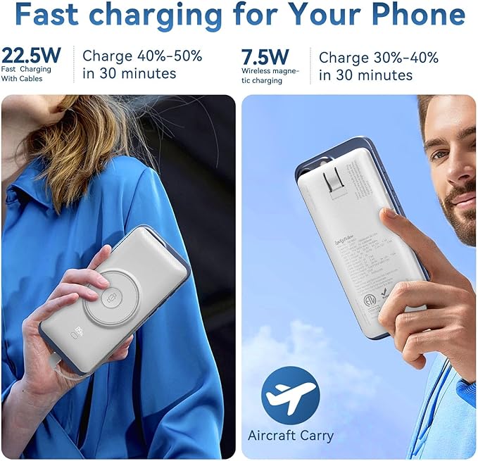 Magnetic 10000mAh Portable Charger for iWatch & iPhone, 22.5W USB C Fast Charging Wireless Power Bank Built-in Cables and Wall Plug, External Travel Battery Pack Compatible with iOS Android Devices