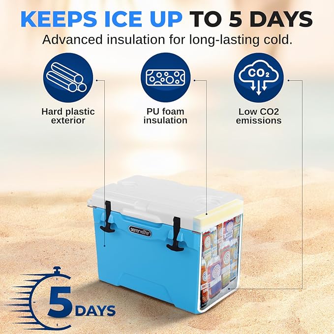 SereneLife Ultra-Tough 25-75 Quart Rotomolded Cooler Box, Holds Upto 64 Cans, Keeps Ice Up to 5 Days, Heavy-Duty Insulated Portable Ice Chest Box, Ideal for Camping, Beach, Picnics, Tailgating, etc