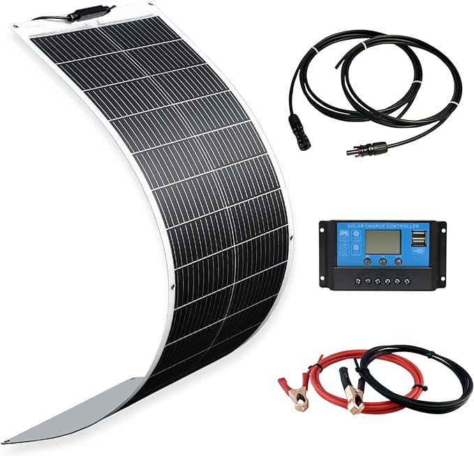 XINPUGUANG 100W Flexible Solar Panel 12V System kit 10A Charge Controller Cables with Alligator Clip PV Connector Cables for Yacht, Boat, RV, Cabin, 12v Battery Charge