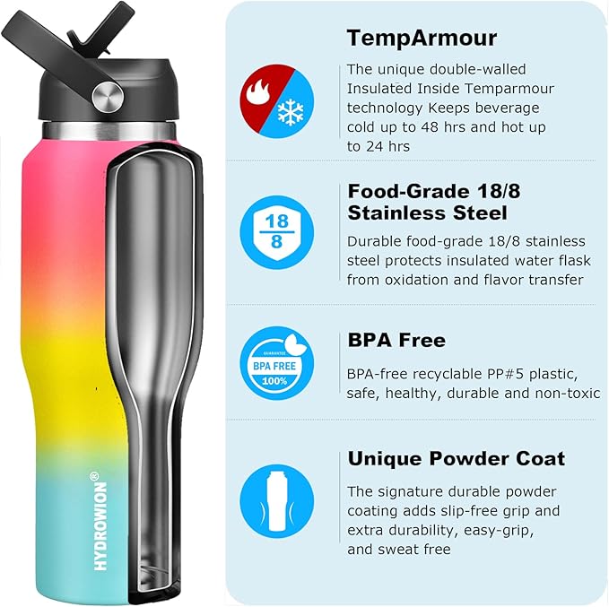 HYDROWION Stainless Steel Water Bottle, 32oz Wide Mouth Double Wall Vacuum Insulated Water Bottle with Straw Lid, Spout Lid and Flex Cap, Leakproof,Fit in Any Car Cup Holder, Red&Yellow&Blue
