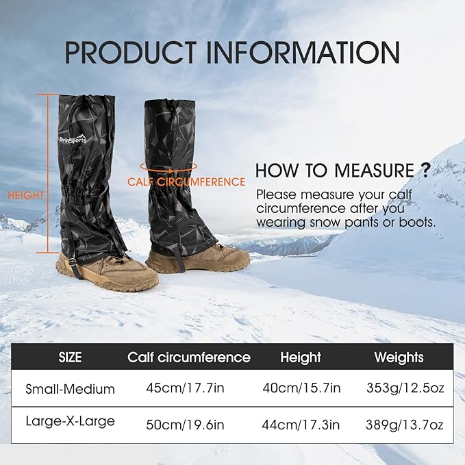 Waterproof Adjustable Leg Gaiters for Men and Women Snow Boot Gaiters for Hiking in Hunting Sand and Mud Mountain Climbing or Snowshoeing