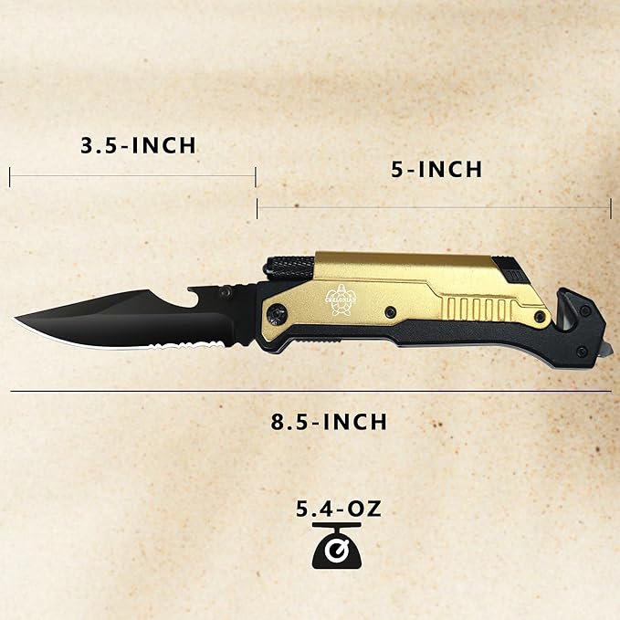 8.5" Military Outdoor Hunting Camping Pocket Knife, 7 in 1 Multi-Function Folding Knives with Fire Starter LED Light Seatbelt Cutter Glass Breaker Bottle Opener Tactical Blade (Gold)