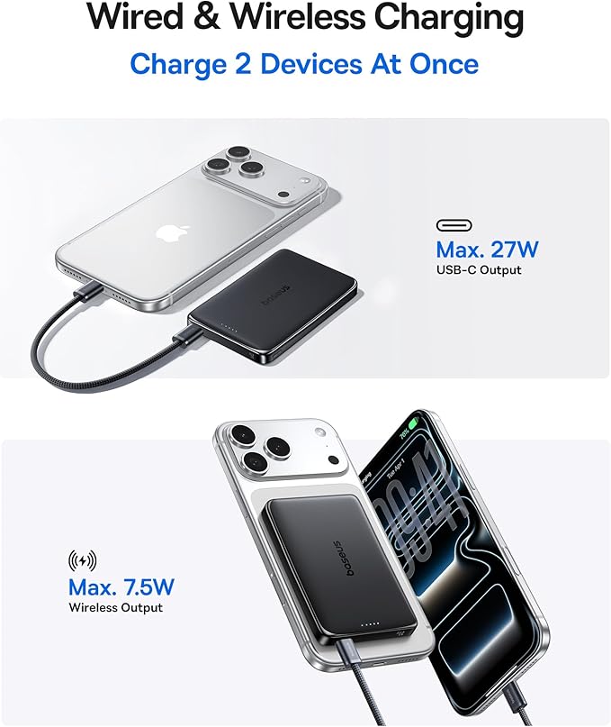Baseus Picogo Power Bank, 0.5" Ultra Slim 10000mAh MagSafe Portable Charger, Upgraded CCC Certified 27W Fast Charging Magnetic Battery Pack, Alloy Wireless Charger for iPhone 17/16/15/14/13/12