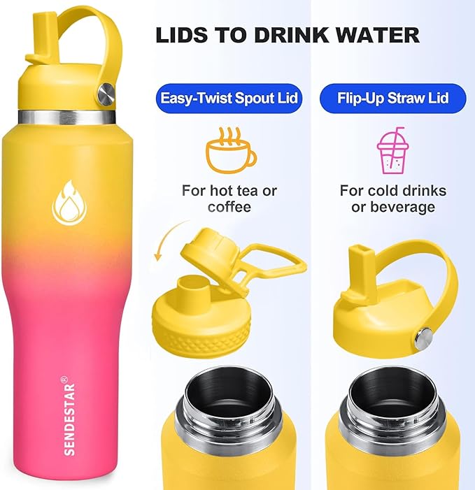 SENDESTAR 40oz Stainless Steel Water Bottle(Cold for 48 Hrs, Hot for 24 Hrs),Double Wall Vacuum Insulated Bottle with Straw Lid, Spout Lid and Flex Cap, Fit in Any Car Cup Holder