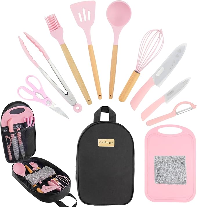 Camping Accessories Kitchen Cooking Utensils Set - Portable Outdoor Camp Cookware Set, Silicone Camper Essentials Gear Must Have Supplies for Travel RV BBQ Grill Picnic Hiking