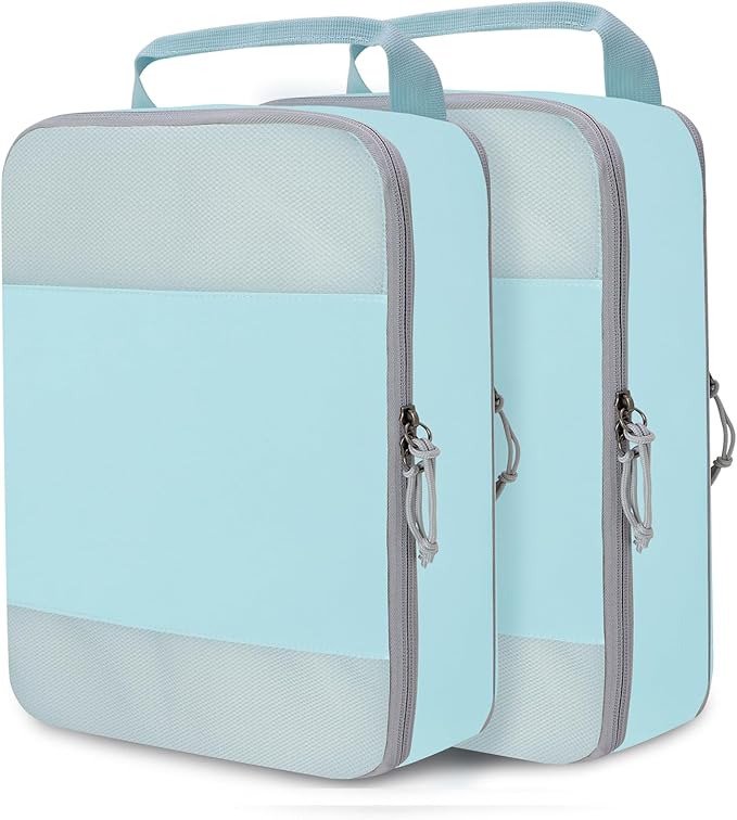 Compression Packing Cubes for Travel Essentials, 2 Set Expandable Compression Bags for Travel Packing Cubes for Suitcase Luggage Organizer Bags, Blue Mesh