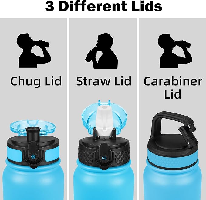 OLDLEY Insulated Water Bottle 32oz Water Bottles with Straw, Stainless Steel Water Bottle with 3 Lids, Double Wall Vacuum Bottles for Adult Kids, Sports Bottles for School Travel,Blue