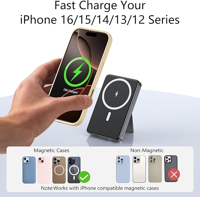 YUJE for Magsafe Battery Pack Magnetic Power Bank 10000mAh, Wireless Portable Charger with Foldable Stand Dual USB-C & USB-A Port Fast Charging Compatible with iPhone 17/16/15/14/13/12 Pro/Max/Plus