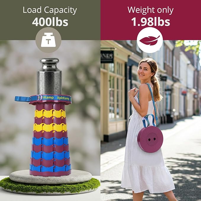 Retractable Folding Stool - Heavy Duty 400 lb Collapsible Portable Stool for Camping, Hiking, Fishing, Indoor/Outdoor with Non-Slip Base and Lightweight Design (Purple Yellow, 1-Pack)