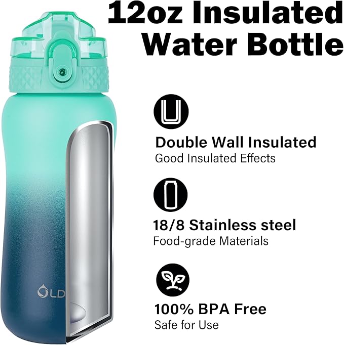 Oldley Insulated Water Bottle 12oz Kids Water Bottles with Straw, Stainless Steel Water Bottle with 2 Lids,Double Wall Vacuum Bottle, Leak-Proof Sport Bottles for School Travel, Caribbean Blue