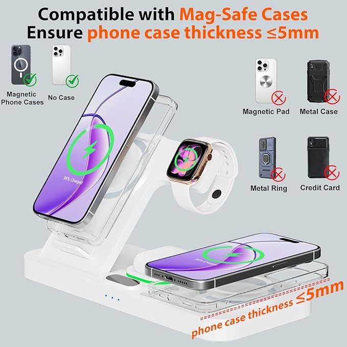 Dual Phone Magnetic Wireless Charging Station for Apple Devices/Apple Ecosystem,with Auto-Switch 7-Color Light & Clock, Compatible with iPhone 17/16/15, for iWatch 11/10/9 & AirPods Pro3（White）