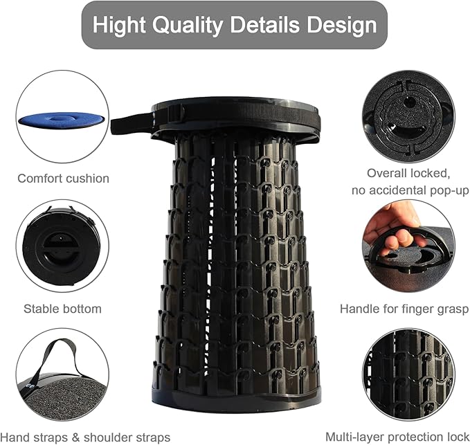 Upgraded XXL Collapsible Stool with Cushion,19.7"H-11.8"D Telescoping Folding Stool for Adults,More Sturdy Portable Camping Stools with Load Capacity 1000lbs for Outdoor,Garden,Fishing,Hiking