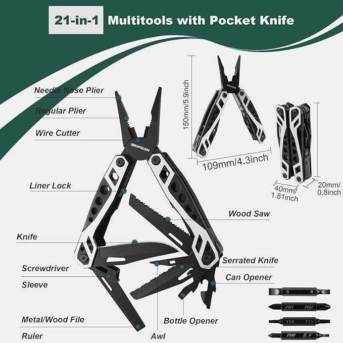 Multitool Pliers, 21-in-1 Multi Tool with Self-Locking & Sheath, Stainless Steel Pocket Knife, Screwdriver, Perfect for EDC Outdoor Survival Camping Hiking, Simple Repair, Survival Gear Gift