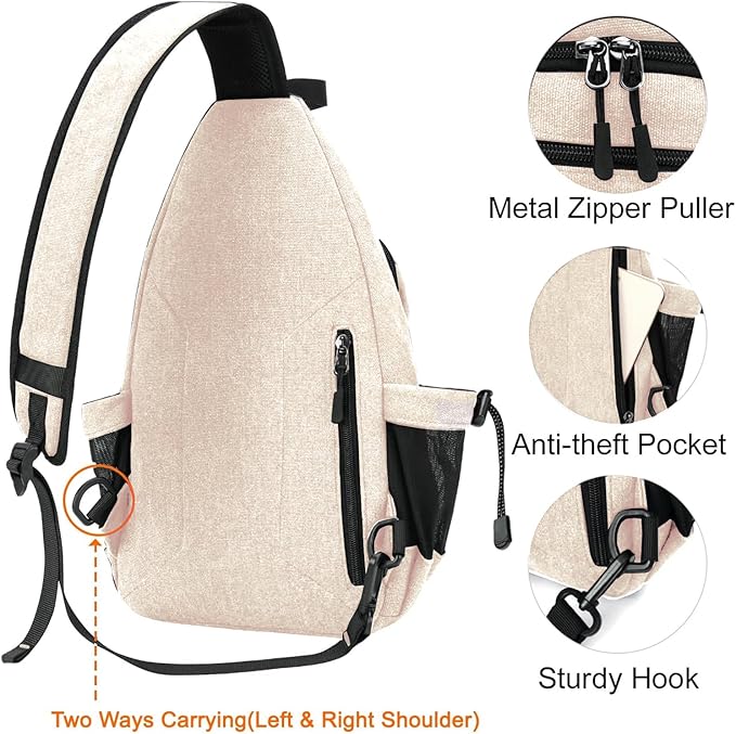 MOSISO Sling Backpack,Canvas Crossbody Hiking Daypack Bag with Anti-theft Pocket, Beige