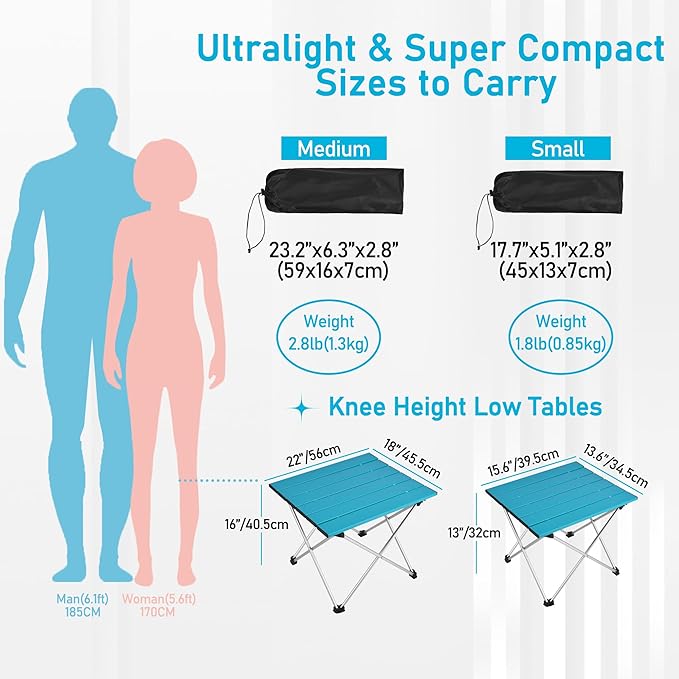 Tesouro Portable Camping Table,Folding Side Table Aluminum Top for Outdoor Cooking, Hiking, Travel, Picnic (Blue-Medium)
