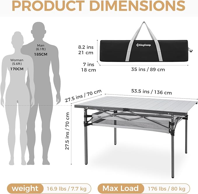 KingCamp Folding Camping Table, Aluminum Roll-Up Camp Table, Large Foldable Table for 6-8 Person, Outdoor Portable Tables with Carry Bag, 180 LBS Heavy Duty Load (Silver+Mesh：53.5" × 27.5")
