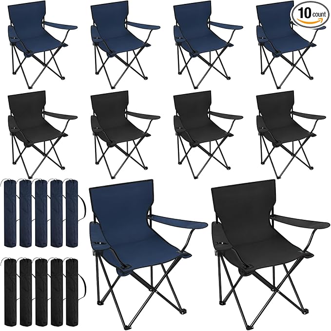 Huwena 10 Pack Folding Camping Chairs Bulk with Cupholder Carry Bags Lightweight Camp Chairs Collapsible Portable Outdoor Lawn Chair for Picnic, Beach, Outside