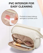 BAGSMART Travel Makeup Bag, Cosmetic Bag Small Make Up Organizer Case,Wide-open Pouch for Women Purse for Toiletries Accessories Brushes,Small Beige