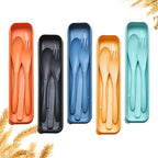 Reusable Travel Utensils Set with Case, 5 Sets Wheat Straw Portable Plastic Fork Spoons Knife Camping Cutlery, Eco-Friendly BPA Free Lunch Tableware for Kids Adults Travel Picnic Utensils