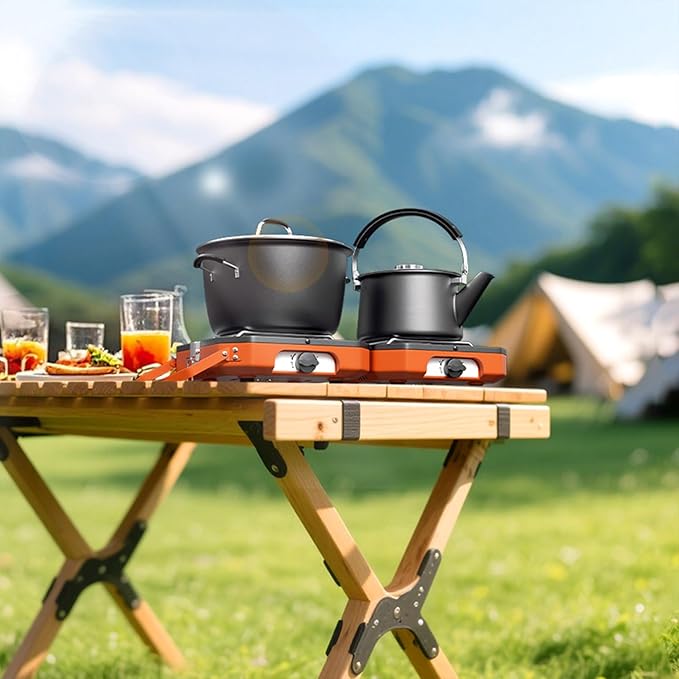 Adjustable 2 Burner Propane Camping Stove With Grill and Carry Bag, 16,000 BTU Foldable Camp Stove, Flame-out Protection, Camping Stove for BBQ/Tailgating, Orange