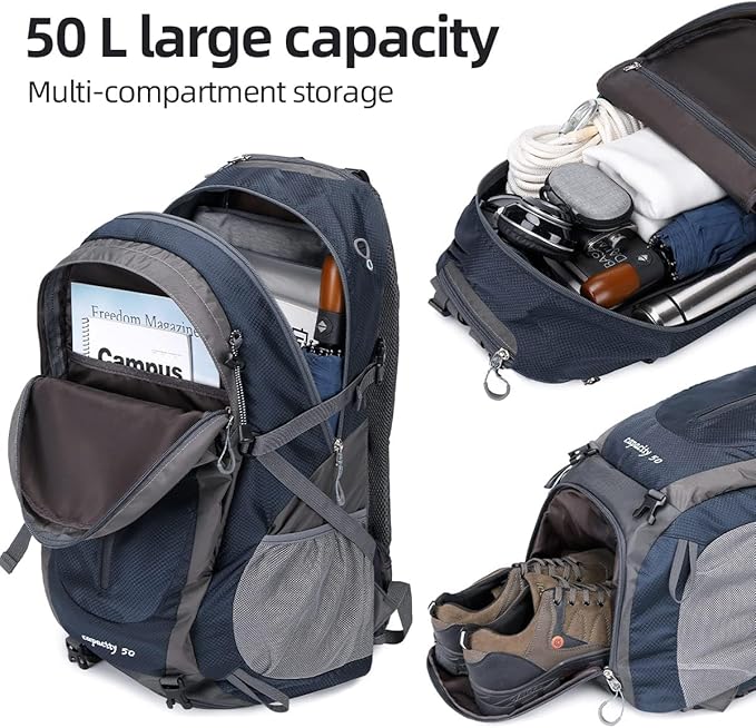 FENGDONG 50L Waterproof Lightweight Expandable Hiking,Camping,Travel Backpack with Shoes Compartment for Men Women Blue