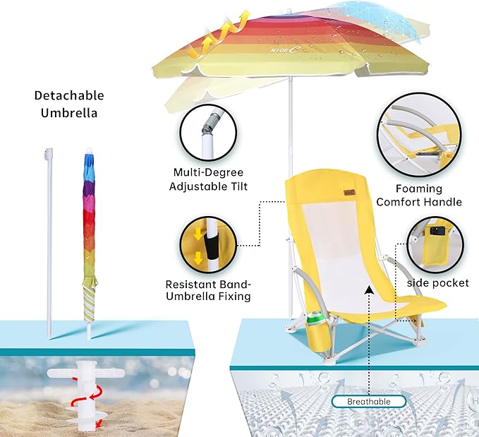 Nice C Beach Chair, Sand Chair, Lake Chairs for Adults with Umbrella and Cooler, Low Beach Chairs High Back, Cup Holder & Carry Bag & Heavy Duty Compact Outdoor, Camping (One Yellow)