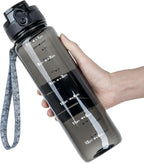 OLDLEY 32 oz Water Bottle, Motivational Water Bottle with Time Marker, Sports Water Bottle With Strap, Leakproof & BPA Free Large Water Bottles for School, Gym, Travel,Tritan, Transparent Black