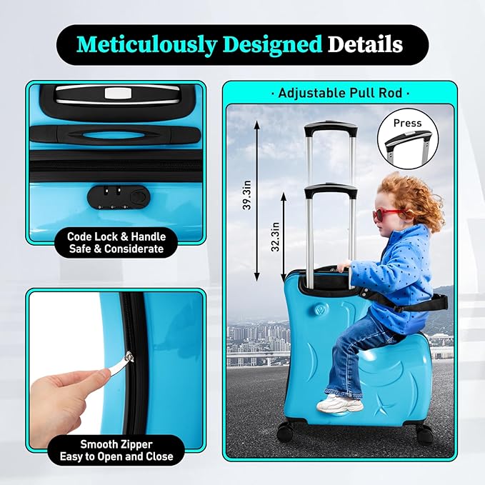 20" Ride-On Travel Suitcase for Kids, Toddler Carry on Luggage with Wheels, Children Travel Rolling Trolly Luggage with Password Lock, Children's Ride On