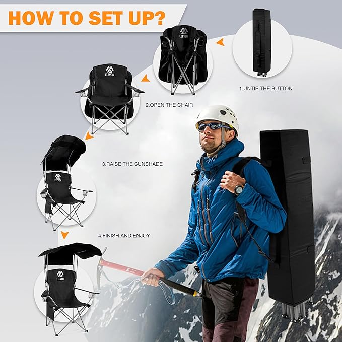 Camping Chair, Oversized Folding Chair with Canopy, Portable Outdoor Chair with Arms, Cup Holder and Carry Bag for Camping, Fishing, Beach, and Sports, Graphite