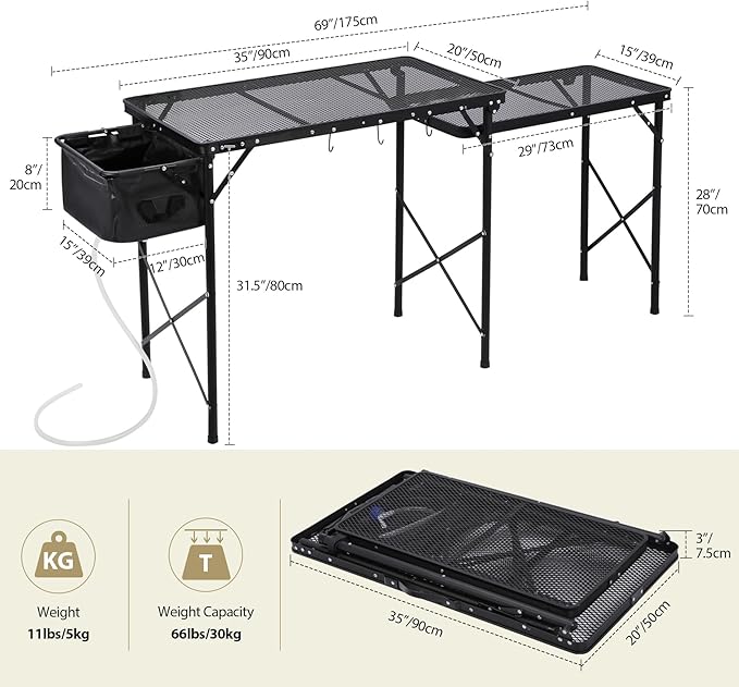 REDCAMP Portable Grill Table with Sink for Outside, Lightweight Aluminum Frame Folding Grill Stand Table with Adjustable Height for Camping Picnic Cooking BBQ, 36 x 20 x 31 in, Black