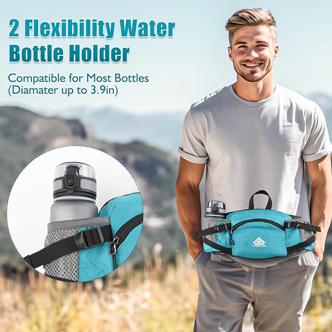 Fanny Pack Waist Bag with Water Bottle Holder for Men Women Running Hiking Travel Dog Walking Workout Cycling Outdoor (Turquoise Blue)