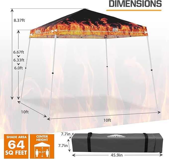 EAGLE PEAK 10x10 Slant Leg Pop-up Canopy Tent Easy One Person Setup Instant Outdoor Beach Canopy Folding Portable Sports Shelter 10x10 Base 8x8 Top (Flame)