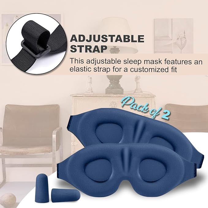 Luxury Sleep Mask – Pack of 2 Ultra-Soft Silk Eye Covers with Adjustable Strap & Soft Ear Loops, 3D Contoured Light Blocking Sleeping Mask for Travel, Naps & Relaxation(Black & Blue)