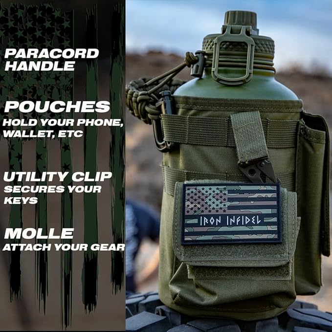 Iron Infidel Battle Bottle - Half Gallon Insulated Water Bottle with Paracord Handle, Large 64 oz Stainless Steel Water Jug with Rugged, Removable Sleeve for Keys, Wallet, & Phone (Live Free 2 Liter)