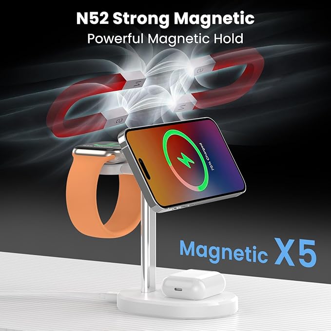 3 in 1 Wireless Charging Station,Detachable Apple Watch Charger & 15W Charger Stand for MagSafe for iPhone, Wireless Charger for Multiple Devices iPhone 16/15/14/13&Watch&AirPods（Yellow）