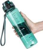 OLDLEY 32 oz Water Bottle, Motivational Water Bottle with Time Marker, Sports Water Bottle With Strap, Leakproof & BPA Free Large Water Bottles for School, Gym, Travel, Tritan, Transparent Dark Green
