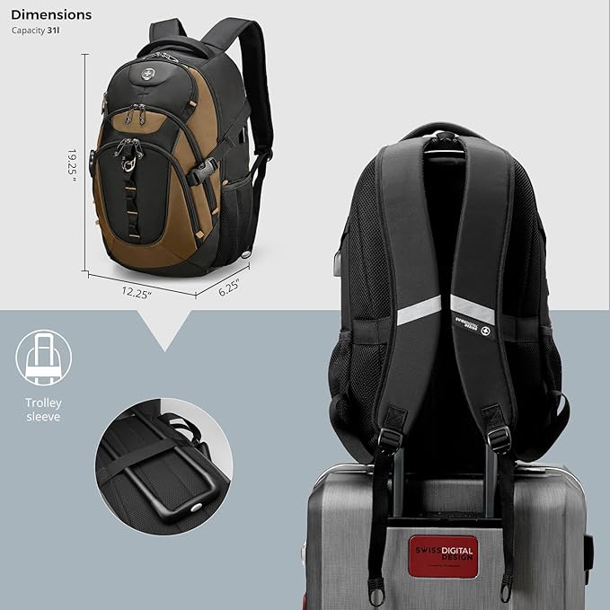 Swissdigital Design Laptop Backpack, Travel Backpack with USB Charging Port Fits 15.6 inches Computer, 31L College School Bookbag for Men,Tan/Black | SD803-34