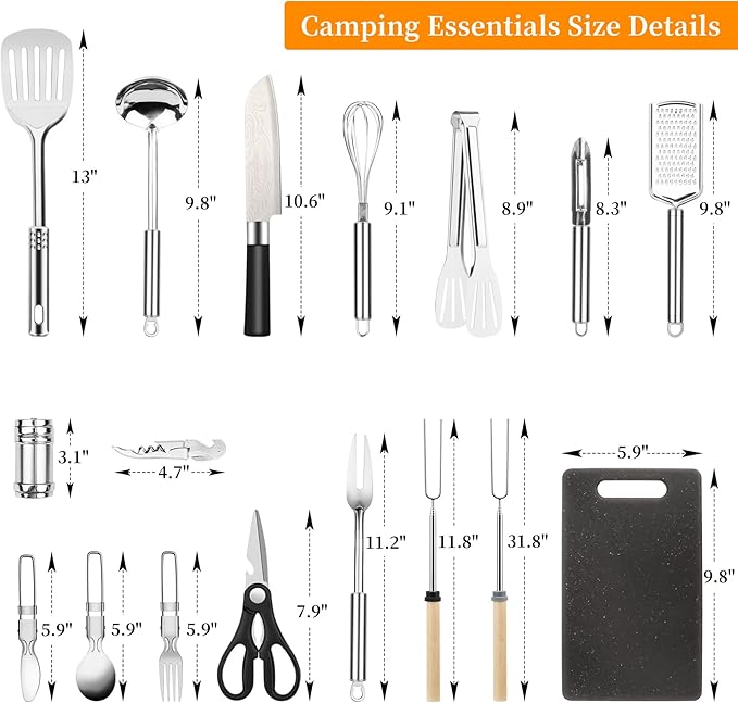 Camping Cooking Utensils Set, Stainless Steel Grill Tools, Camping BBQ Cookware Gear and Equipment for Travel Tenting RV Van Picnic Portable Kitchen Essentials Accessories