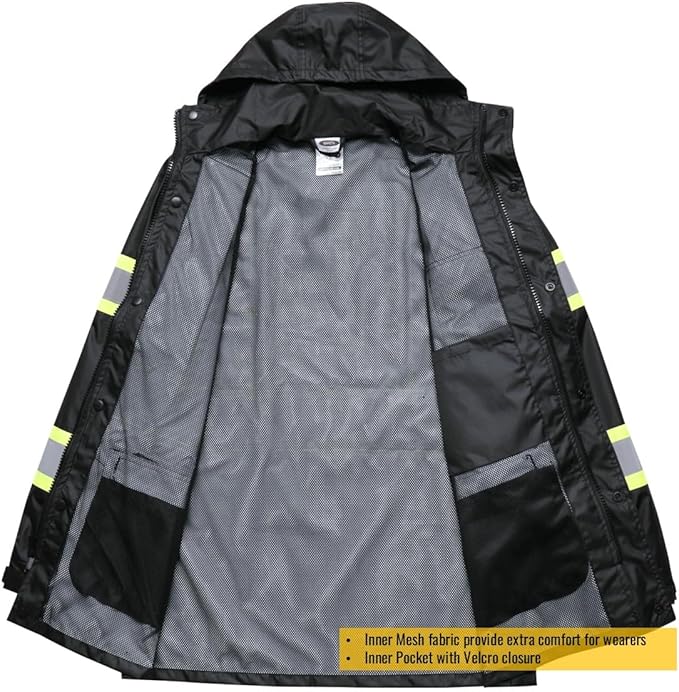 JKSafety Hi-Vis Reflective Safety Rain Jacket for Men Women Waterproof Rain Gears for Farming Fishing Work HV Rain Jacket with Inner Mesh Lining and Pockets (117A-Black 3XL)